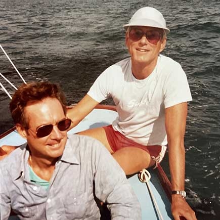 Robert Englbach (left) and Donald Thurston (right) sailing off the coast of Maine in summer 1987.