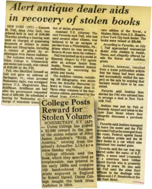 Newspaper clippings from the story about the thefts of the Audubon heist.