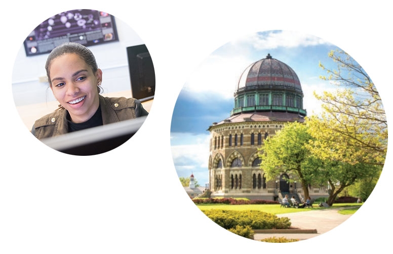 Photo shows a student in a classroom and the Nott Memorial