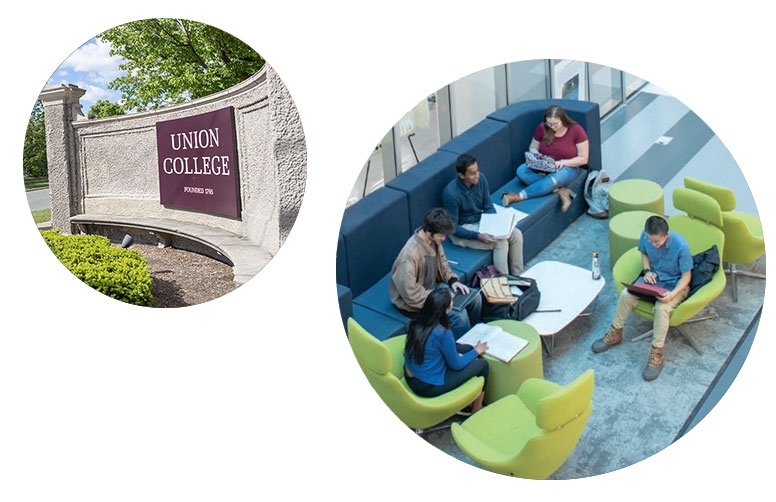 Photo shows the fron entrance to the campus and students studying in the Science and Engineering complex