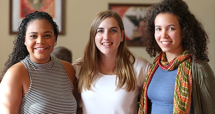 Organizers of Identity Dialogues, from left, Mayte Martinez '18, Antonia "Toni" Batha '17 and Maya Whalen-Kipp '16