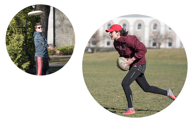 Photo shows a Union student playing frisbee and a student playing rugby