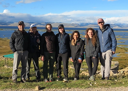 The team at Lake Junín, with Prof. Donald Rodbell, left, and Prof. David Gillikin, right.