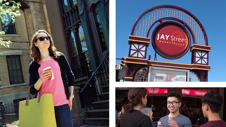 Photo shows various scenes in downtown Schenectady including a view of the Jay Street sign