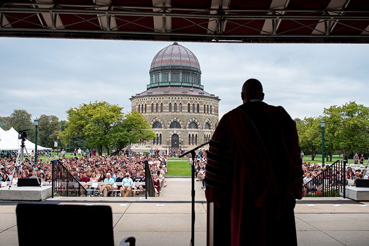 President David R. Harris speaks at Union's Convocation Sunday afternoon on Hull (Library Plaza)