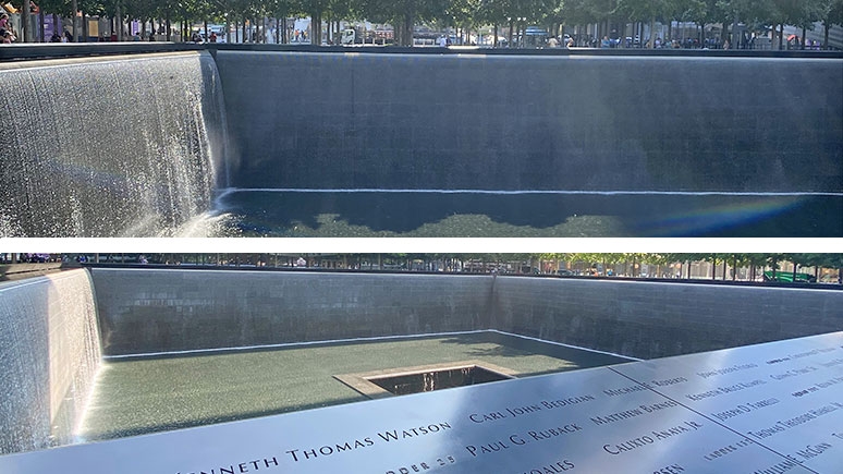 The North Memorial Pool, (top) and South Memorial Pool (bottom) sit in the footprints of the North and South towers.