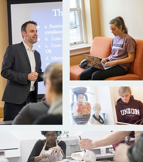 Collage of activities in various social science, humanities and arts buildings.