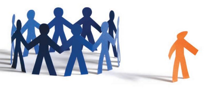 A graphic showing someone being excluded from a group