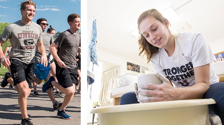 Photos that show both the International Student fair and a student working in the pottery studio