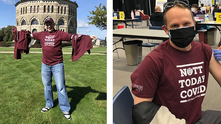 From left: Jason Goldberg ’98 after a recent haul at the bookstore. Peter Flynn ’99 at his vaccination.
