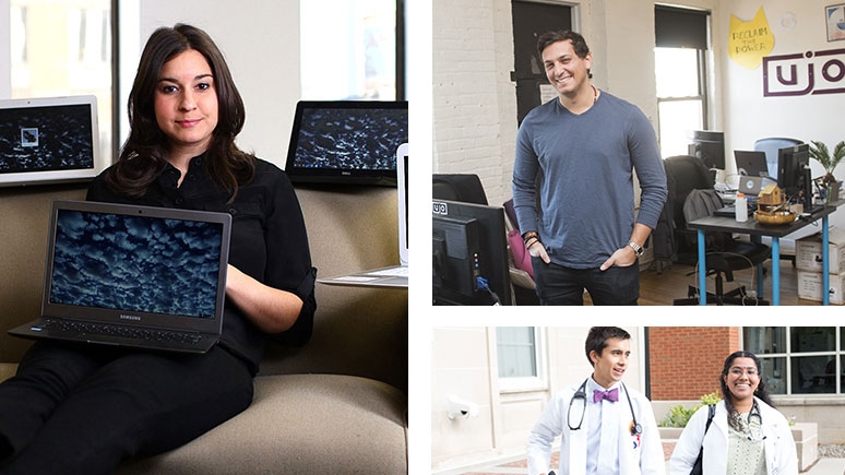 A collage of alumni in various professions