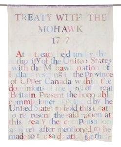 Gina Adams, Treaty with the Mohawk 1797, Broken Treaty Quilt, 2020-2021, hand-cut calico on antique quilt, 76 ½ x 63 ¾ inches, Union College Permanent Collection 2021.6, Courtesy of Accola Griefen Fine Art, New York City and the artist, photography by Aaron Paden, © Gina Adams