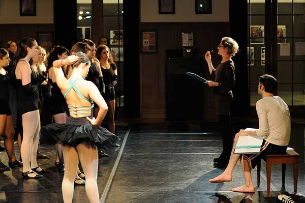 Miryam Moutillet and Marcus Rogers with students at a Steinmetz Symposium dance rehearsal.