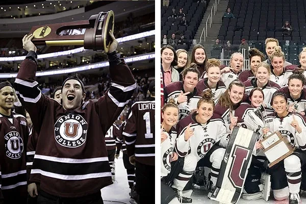 Left: Union celebrates its defeat of Minnesota for the 2014 NCAA Div. I National Hockey Championship (Photo by Dan Z. Johnson)&nbsp; Right: The Women's hockey team after their 2021 Mayor's Cup victory