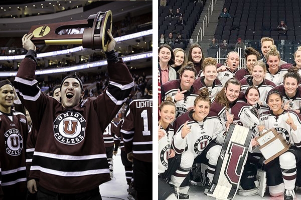 Left: Union celebrates its defeat of Minnesota for the 2014 NCAA Div. I National Hockey Championship (Photo by Dan Z. Johnson)  Right: The Women's hockey team after their 2021 Mayor's Cup victory