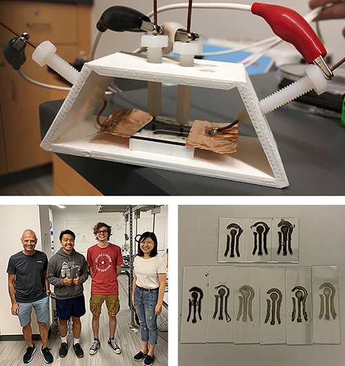 Top: A humidity chamber used to test sensors created in the lab.  Bottom left: From left are Stan Gorski, Sang Duong '23, Luke Kilby '23 and Yijing Stehle. Bottom right: ensors made from dropping multiple layers of graphene ink onto a mold.