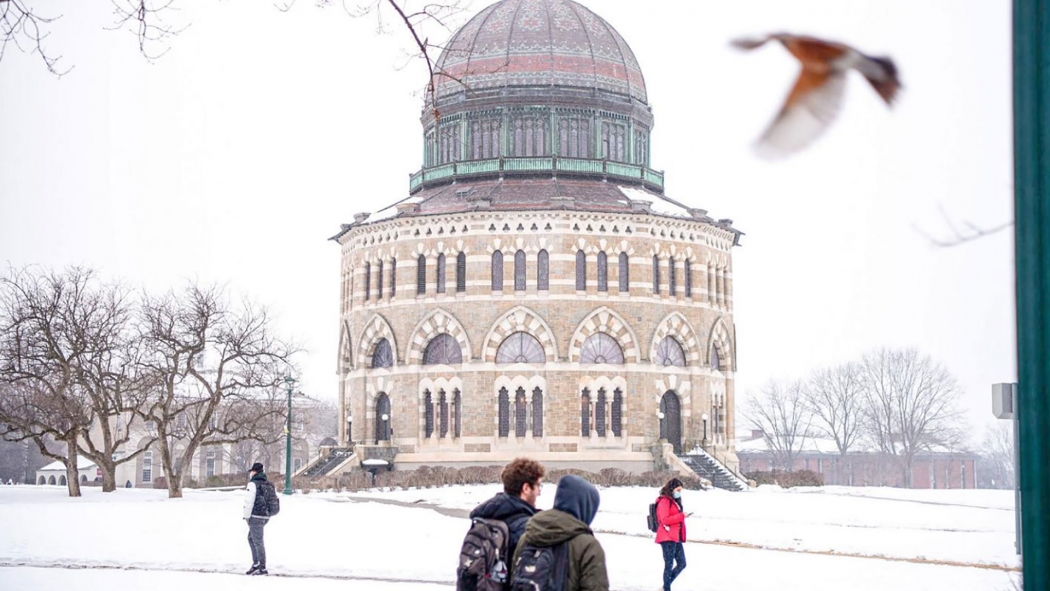 A bird photo bombs an otherwise scenic winter-view of the Nott Memorial.