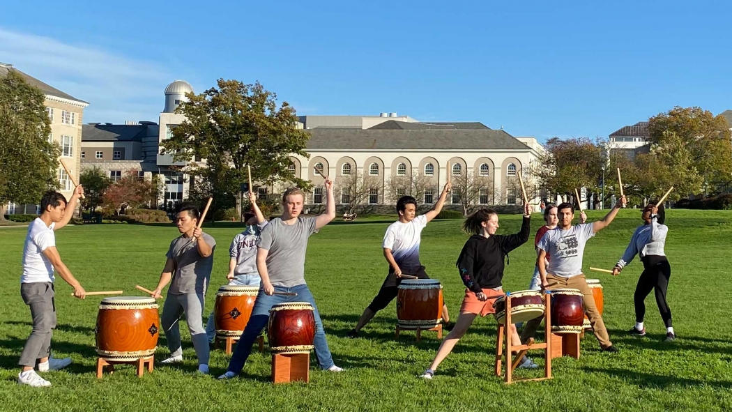 Professor Jennifer Matsue and students in her Japanese Drumming Workshop add a percussive beat to campus on a beautiful fall day.