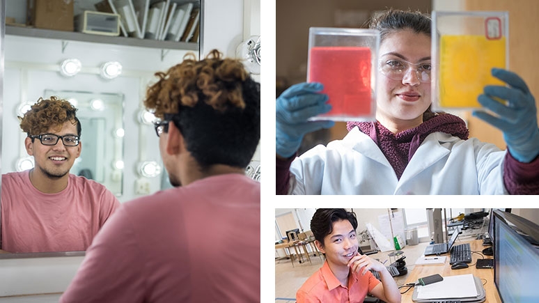 Scenes of academic life including the aerogel lab and the theater department 