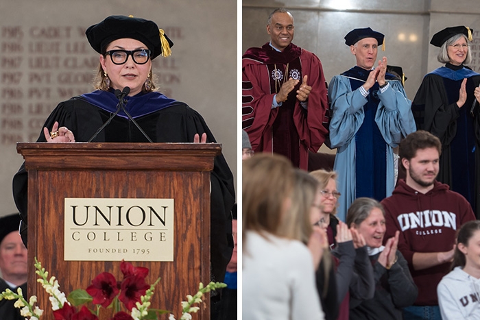 Left: Union trustee and Founders Day speaker Kelly Williams '86 Right (top row): President David Harris, Dean of the Faculty and Vice President for Academic Affairs Strom Thacker, Kathleen LoGiudice, professor and chair of the Biology Department and college marshal