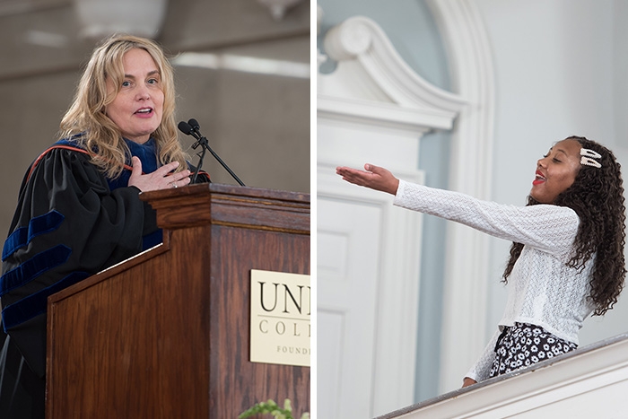 Left: Erika Nelson-Mukherjee, associate professor of German Right: A student performs “Seasons of Love,” from Rent