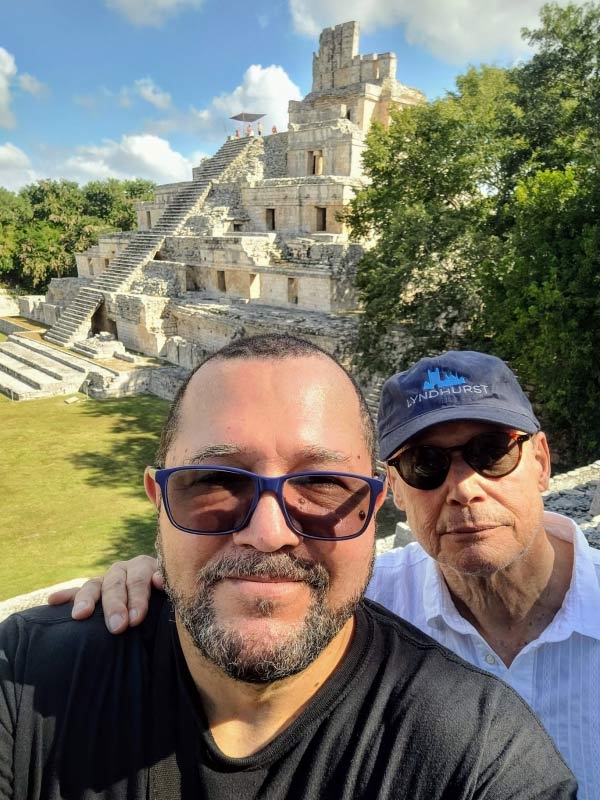 William García, professor of Spanish and Hispanic Studies, with spouse, Jim Dickson, at Edzná archeological site in Campeche, Mexico, last December.