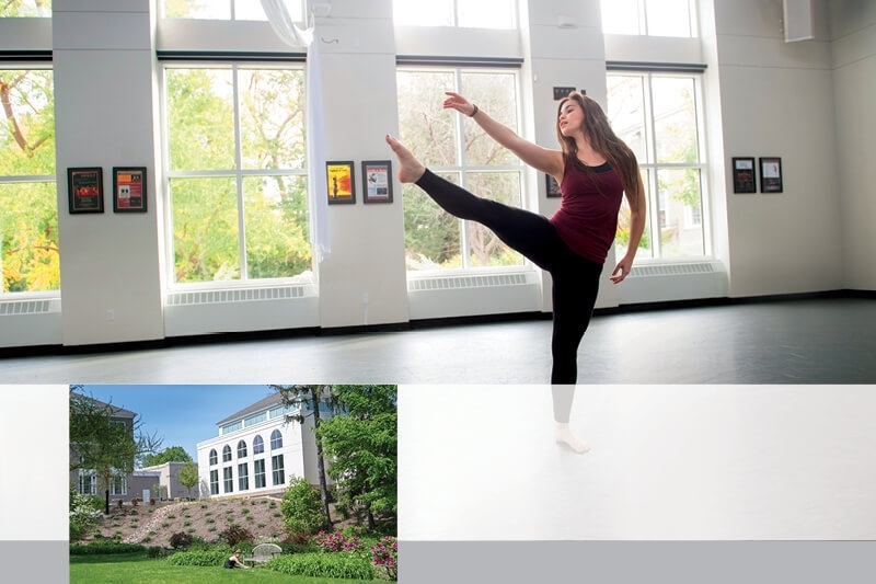 A student dancing inside the Henle Dance Pavilion juxtaposed with an exterior shot of the building