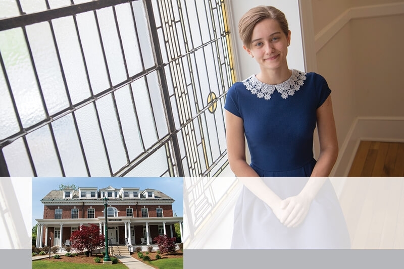 A student inside of Lamont House and an exterior photo of the house itself