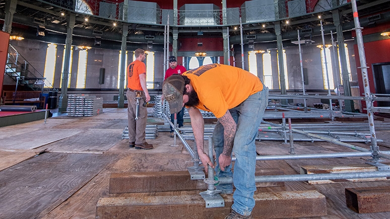 Contractors will spend up to three weeks assembling scaffolding to repair damage to the ornate ceiling of the Nott Memorial that was caused by a leak on the roof.