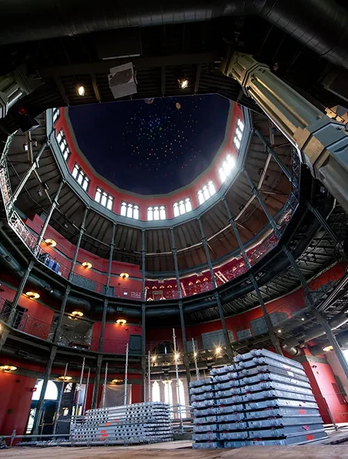 Contractors are assembling scaffolding inside the Nott Memorial to repair damage to the ornate ceiling that was caused by a roof leak. The Nott will be closed for up to three months.