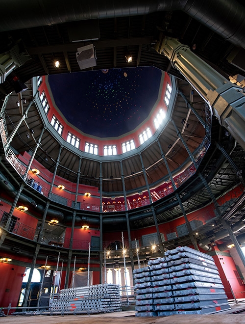 Contractors are assembling scaffolding inside the Nott Memorial to repair damage to the ornate ceiling that was caused by a roof leak. The Nott will be closed for up to three months.