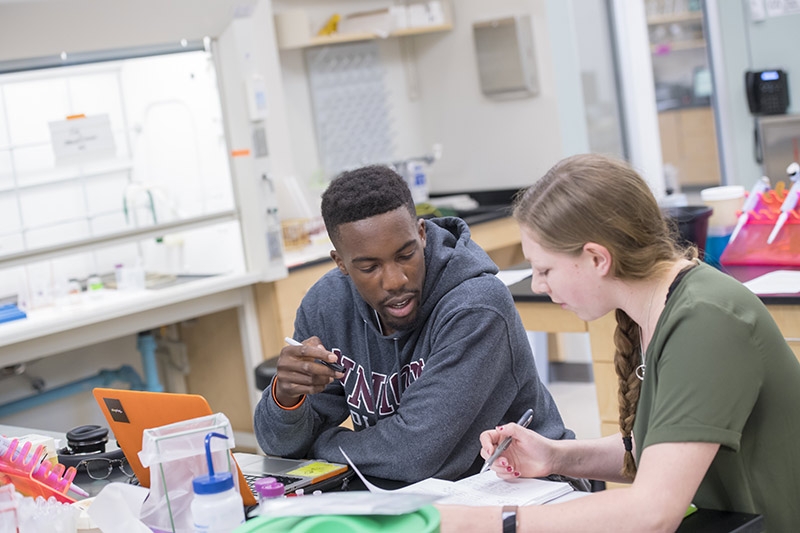 Students in a biochemistry class discussing their research