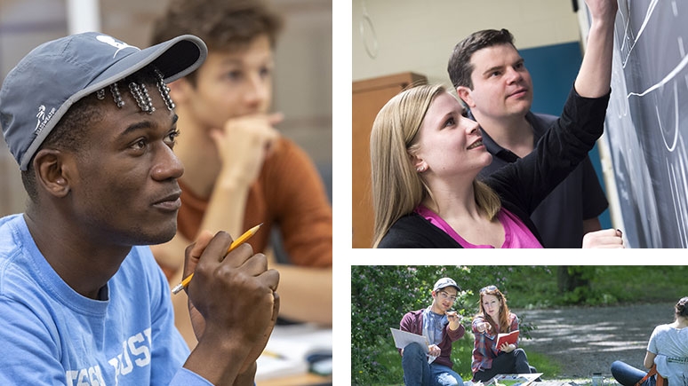 A collage of students engaged in various activities across campus including painting in Jackson's Garden.