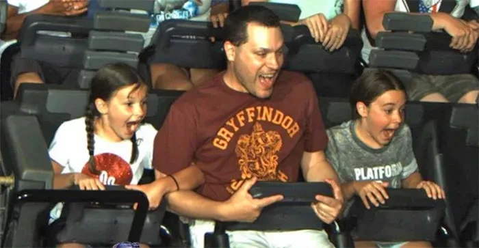 Len Schlegel and his daughters Emma and Julia, enjoy the Curse of the Mummy ride at Universal Studios in 2018.&nbsp;&nbsp;