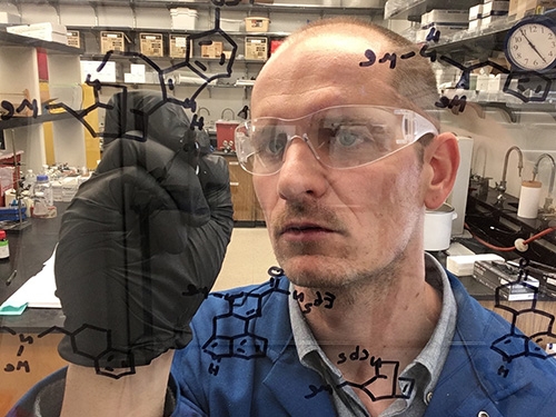 Chemist and Neuroscientist David Olson photographed drawing diagrams upon a glass board