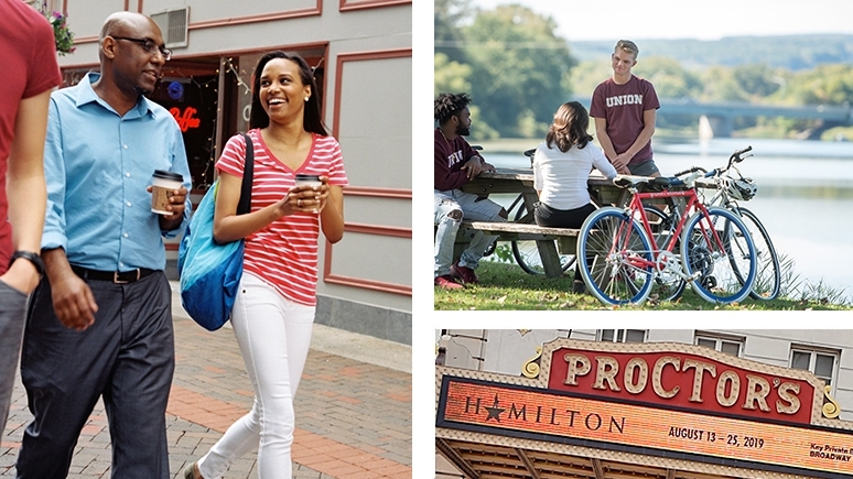 A collage of things to do in Schenectady including strolling down Jay Street and enjoying some quiet time along the Mohawk River.