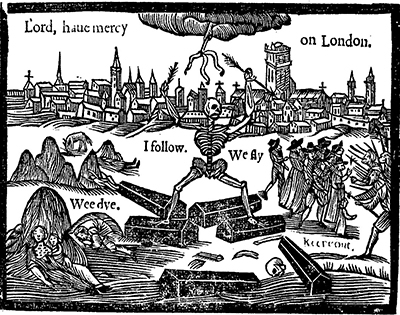 Woodcut from the title page of Thomas Dekker's 1625 A Rod for Runaways depicts the impact of the bubonic plague on London