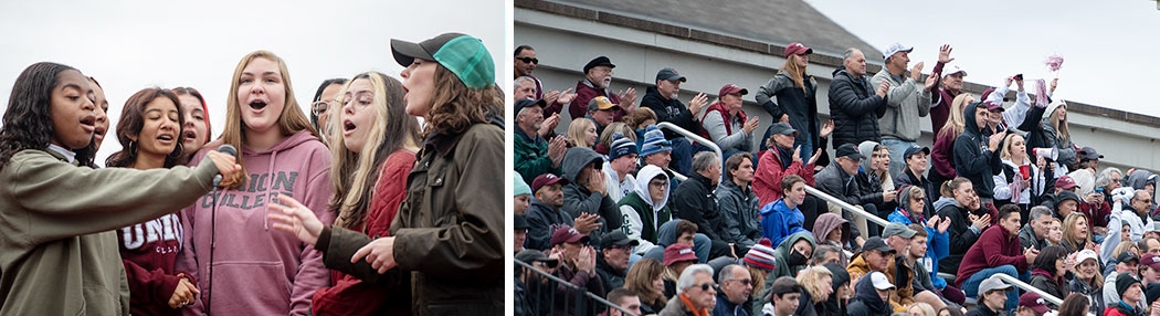 Various scenes of Homecoming acitivities including students singing