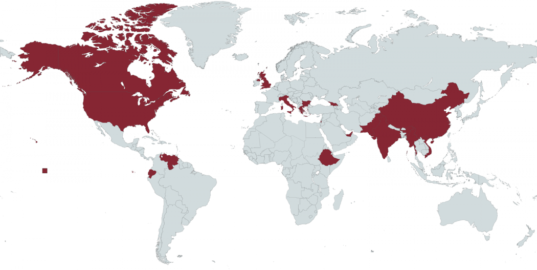 A world map of all of the countries that the Class of 2022 is from