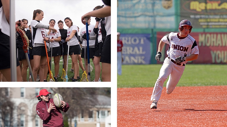 A collage of Union students engaged in various sports activities.