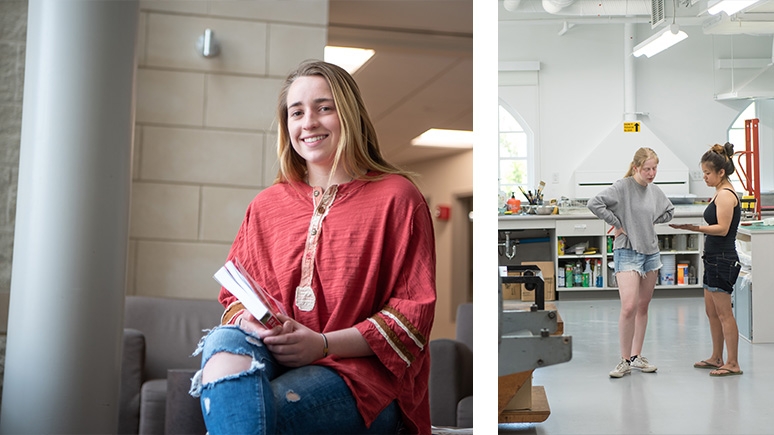 Photos show a student sitting and a couple of students talking