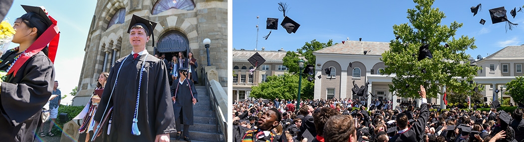 Photo on the left shows students walkign through the Nott; the one to the right show students throwing their caps up inot the air
