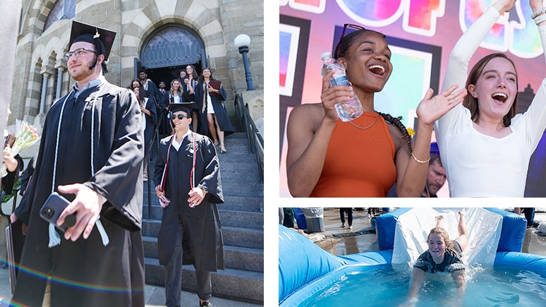 Photo shows graduating seniors processing through the Nott Memorial and students participating in Springfest as well as some Dutch Dip fun.