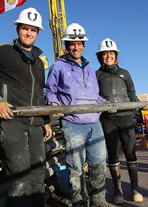 Nick Weidhaas '15, Prof. Don Rodbell and Grace Delgado '14 with a sediment core from Lake Junín in Peru
