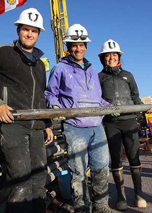 Nick Weidhaas '15, Prof. Don Rodbell and Grace Delgado '14 with a sediment core from Lake Junín in Peru