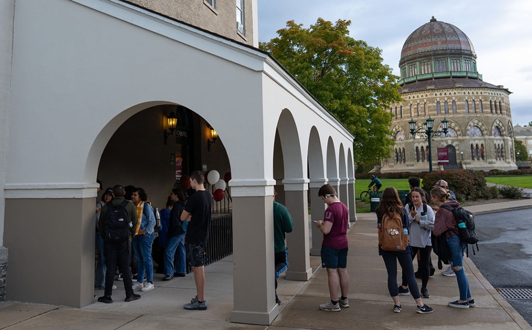 People waiting outside the Rathskeller