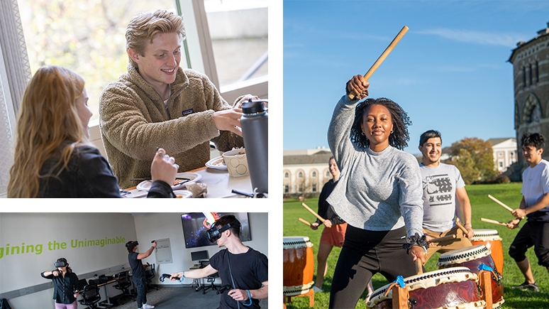 A photo collage of various student activities on campus including the Colelge's  Japanese drumming ensemble