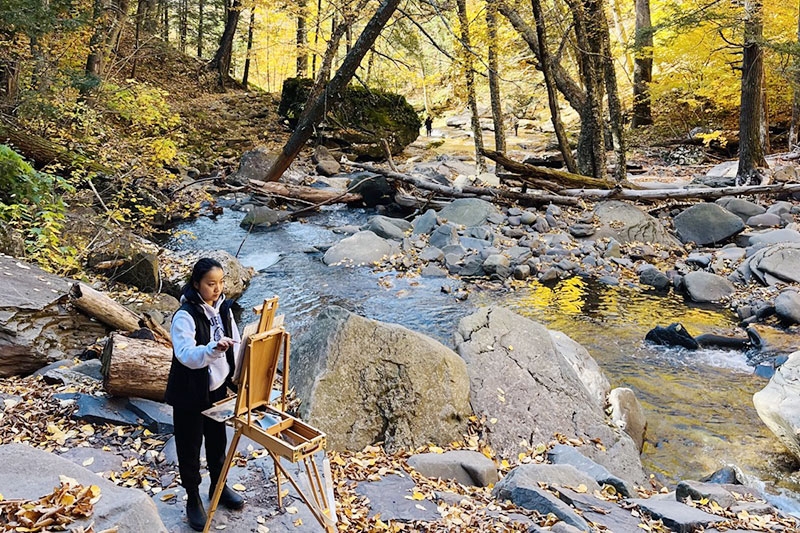 A student  painting new the Kaaterskill Falls, in Palenville, N.Y.