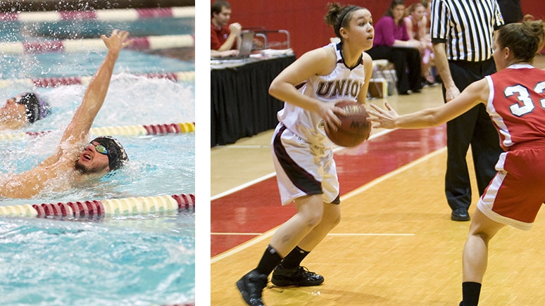 A Union College swimming competition and the women's basketball team on the court.