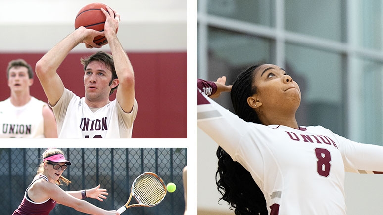 Left to right:Men's basketball player makes a shot; women's volleyball play spikes the ball; a women's tennis play lobs one over the net.